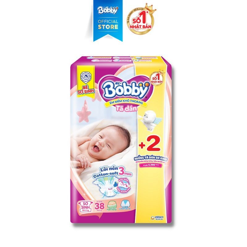 Tã Dán Bobby NewBorn XS 38 Miếng Tặng 2 Miếng, Dùng Cho Bé Sơ Sinh