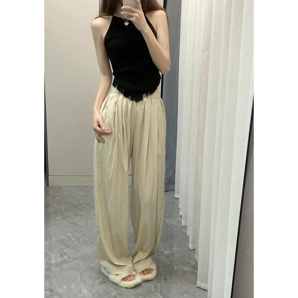 Xiaozhainv Set Áo Hai Dây Phối Quần Dài Lưng Cao Ống Rộng Thời Trang Hè Cá Tính Cho Nữ