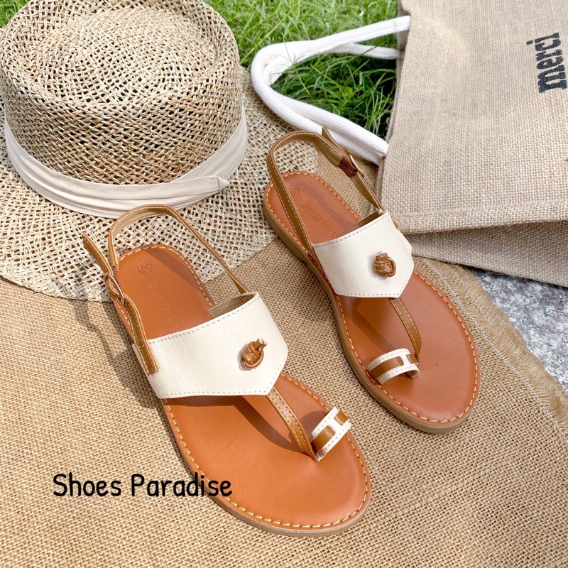 Giày Sandal Nữ Xỏ Ngón Dây Phối Màu Đế Bêt Chất Da Thật Shoes Paradise