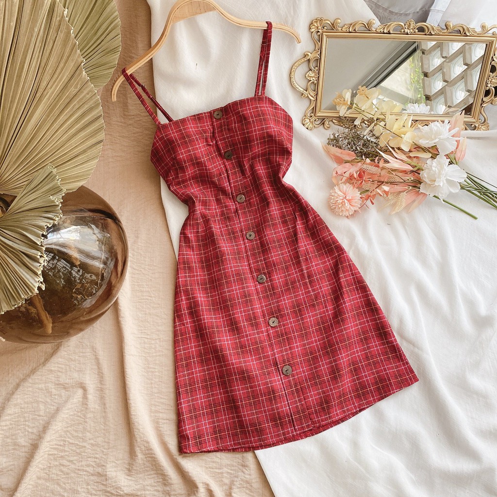 Đầm hai dây cúp ngực nơ lưng caro chất liệu kate mịn cao cấp - ChangDress