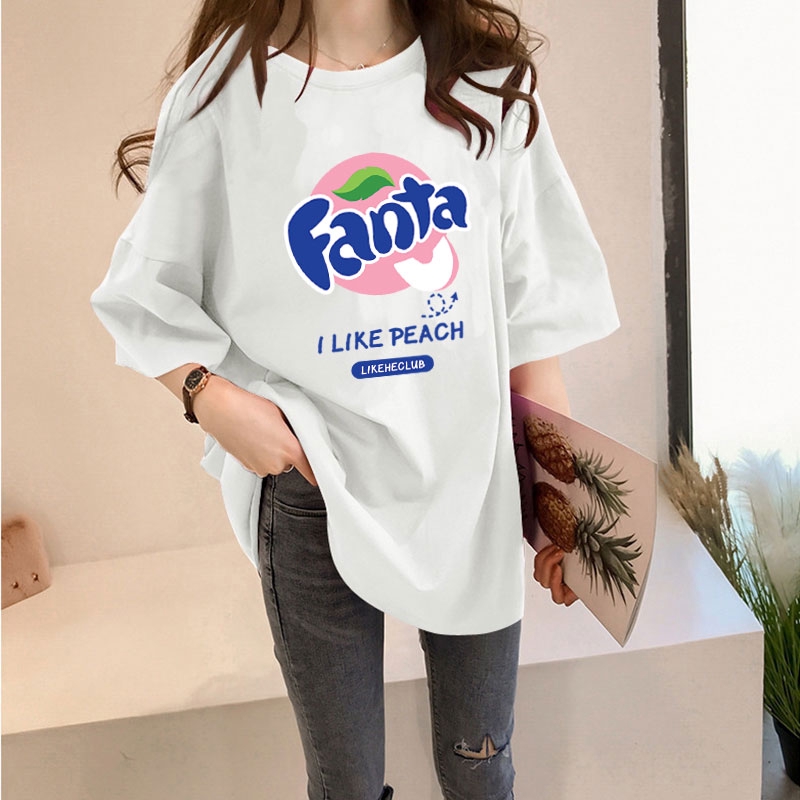 Áo thun cotton tay ngắn dáng rộng nhiều màu sắc in hình fanta kiểu hàn quốc có size lớn dành cho nữ