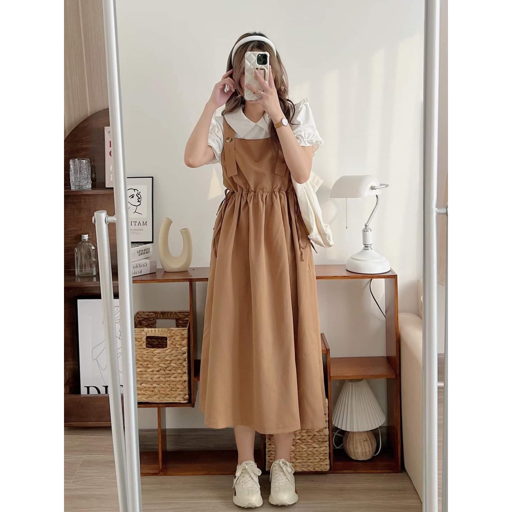 Set Yếm Kaki Kèm Áo Sơ Mi Tay Bồng Viền Bèo, Labibi
