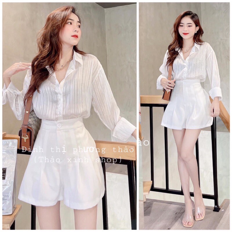 Set áo sơmi lụa sọc trắng đen nude hồng xanh + quần short (ảnh thật)