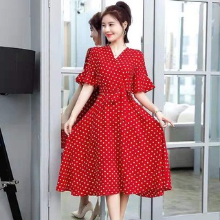 (PE019)Đầm chấm bi dáng xòe tay béo thắt nơ eo trẻ trung