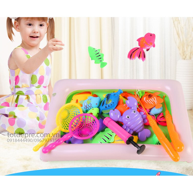 Bộ đồ chơi câu cá nhiều loại kèm bể phao, cần câu, vợt, bơm tay cho bé