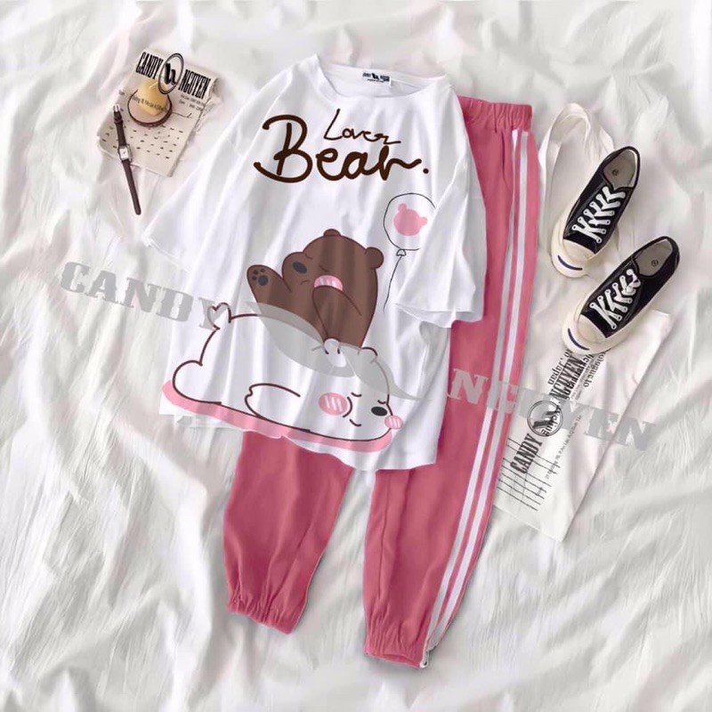 Sét áo gấu Beach và lợn chữ hàn +quần bo gấu hồng