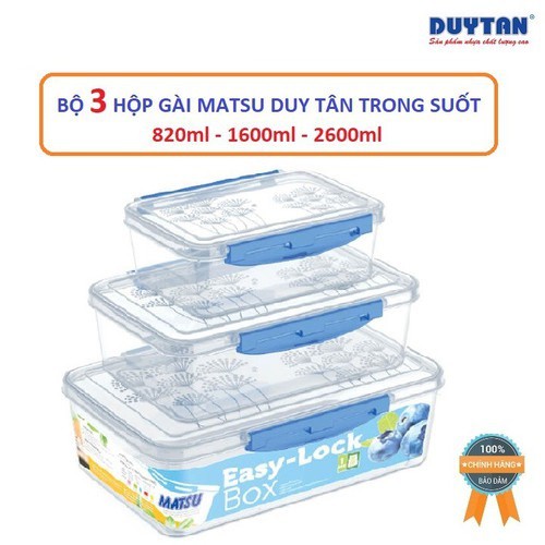 Bộ 3 Hộp Nhựa đựng thực phẩm nắp Gài đậy kín Matsu Duy Tân 820ml - 1600ml - 2600ml lớn chịu nhiệt bền đẹp cao cấp