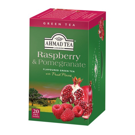 Trà Xanh Túi Lọc Ahmad Raspberry &amp; Pomegranate - Trà Ahmad Quả Mâm Xôi &amp; Lựu Hộp Giấy Bao Thiếc 40g