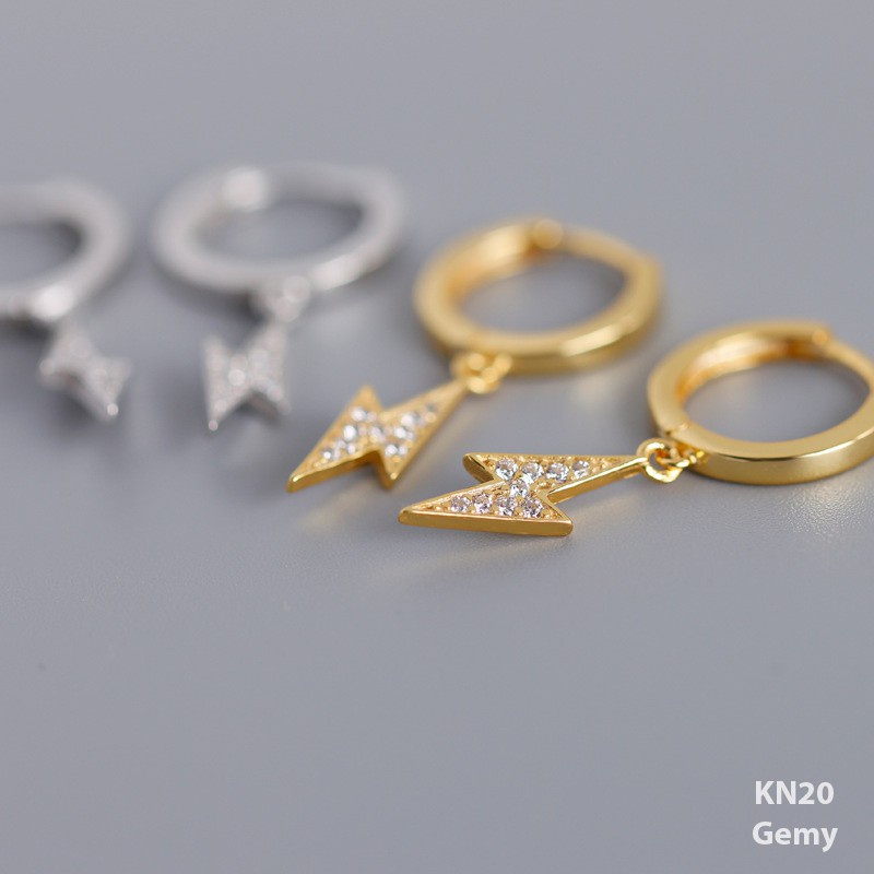 Khuyên tai nam nữ bạc 925 mạ vàng dáng tròn hình tia chớp đính đá cá tính, unisex (1 chiếc) | GEMY SILVER KN20