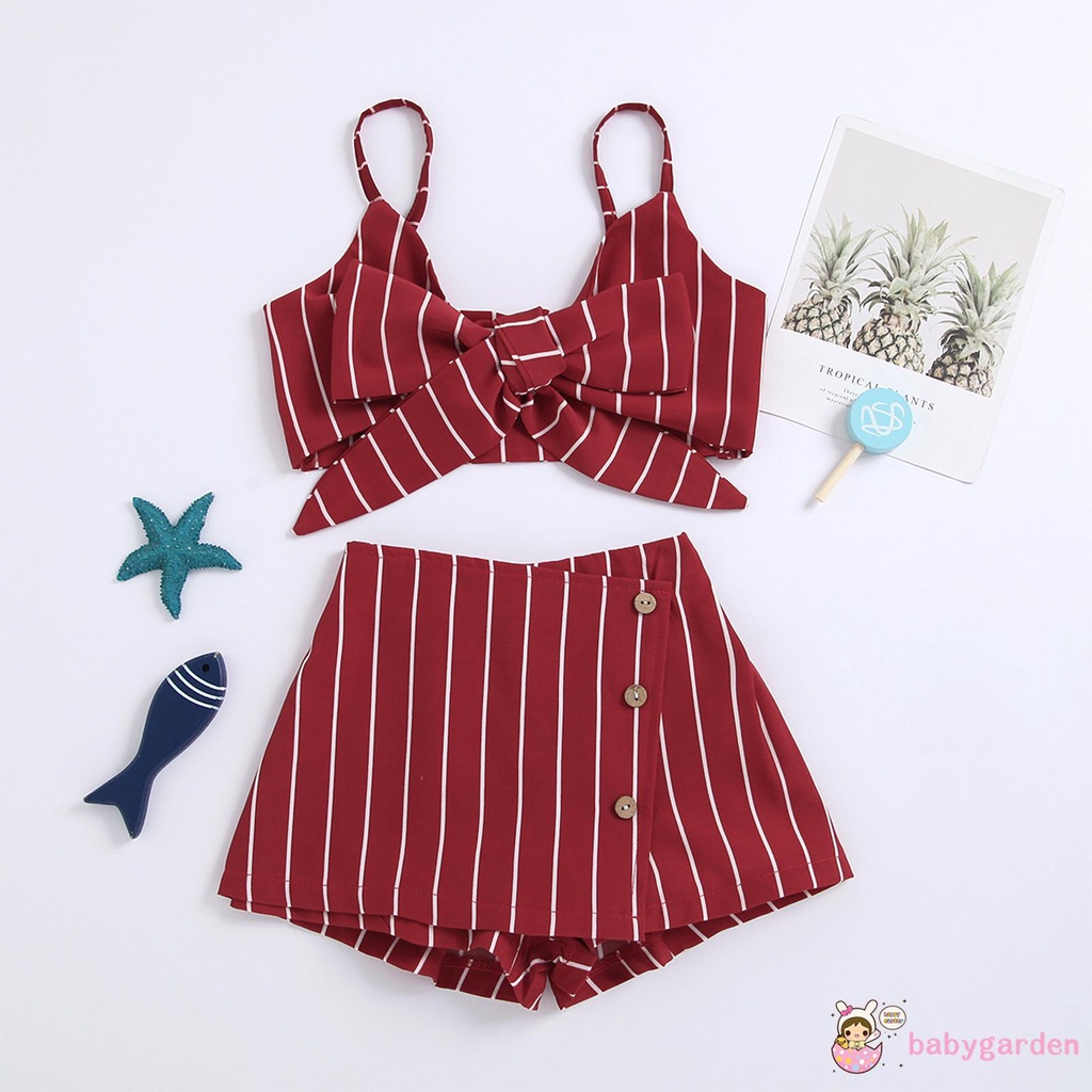 Set áo croptop không tay cổ vuông + quần ngắn họa tiết kẻ sọc cho bé gái từ 1 tới 7 tuổi