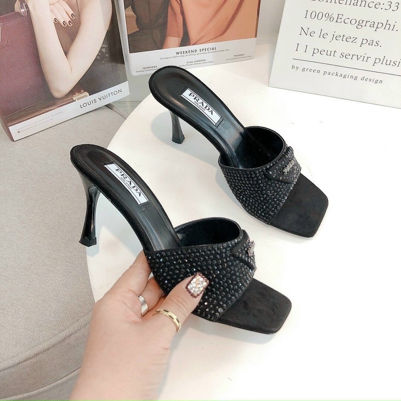 GUỐC P R A D A QUAI PHỦ ĐÁ GÓT NHỌN 7 PHÂN SIÊU SANG CHẢNH