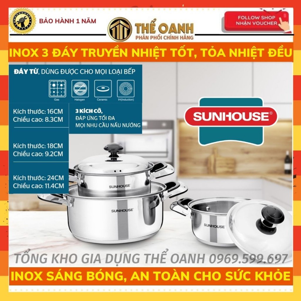 Bộ nồi inox 3 đáy Sunhouse SH333