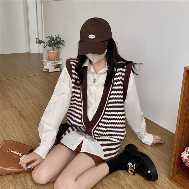 Áo Len Không Tay Cổ Chữ V Dáng Rộng Họa Tiết Kẻ Sọc Thời Trang Hàn Quốc Cho Nữ | BigBuy360 - bigbuy360.vn