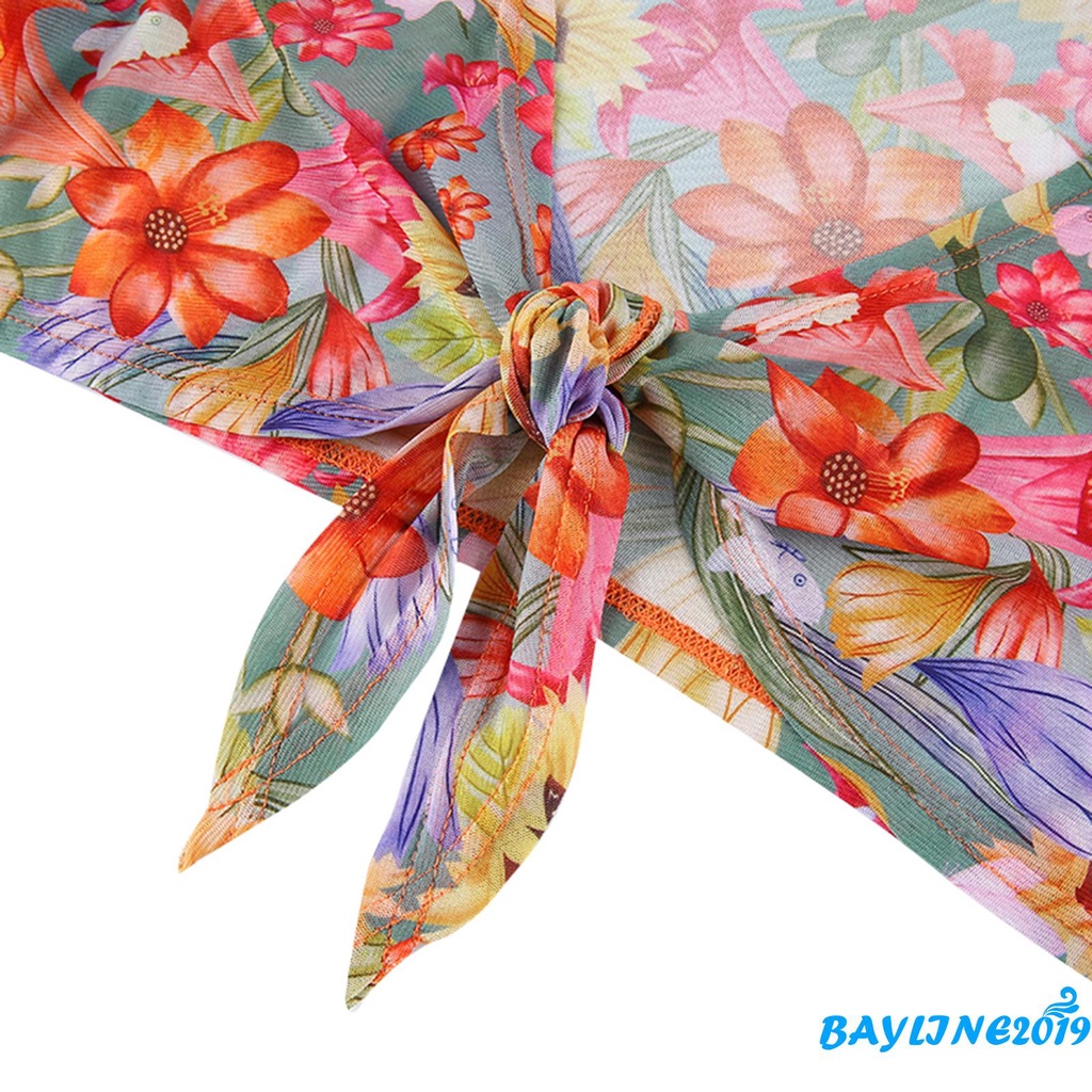 Bộ đồ 2 món áo croptop tay dài cổ chữ V buộc dây in họa tiết hoa + chân váy dây rút thời trang đi biển cho nữ | BigBuy360 - bigbuy360.vn