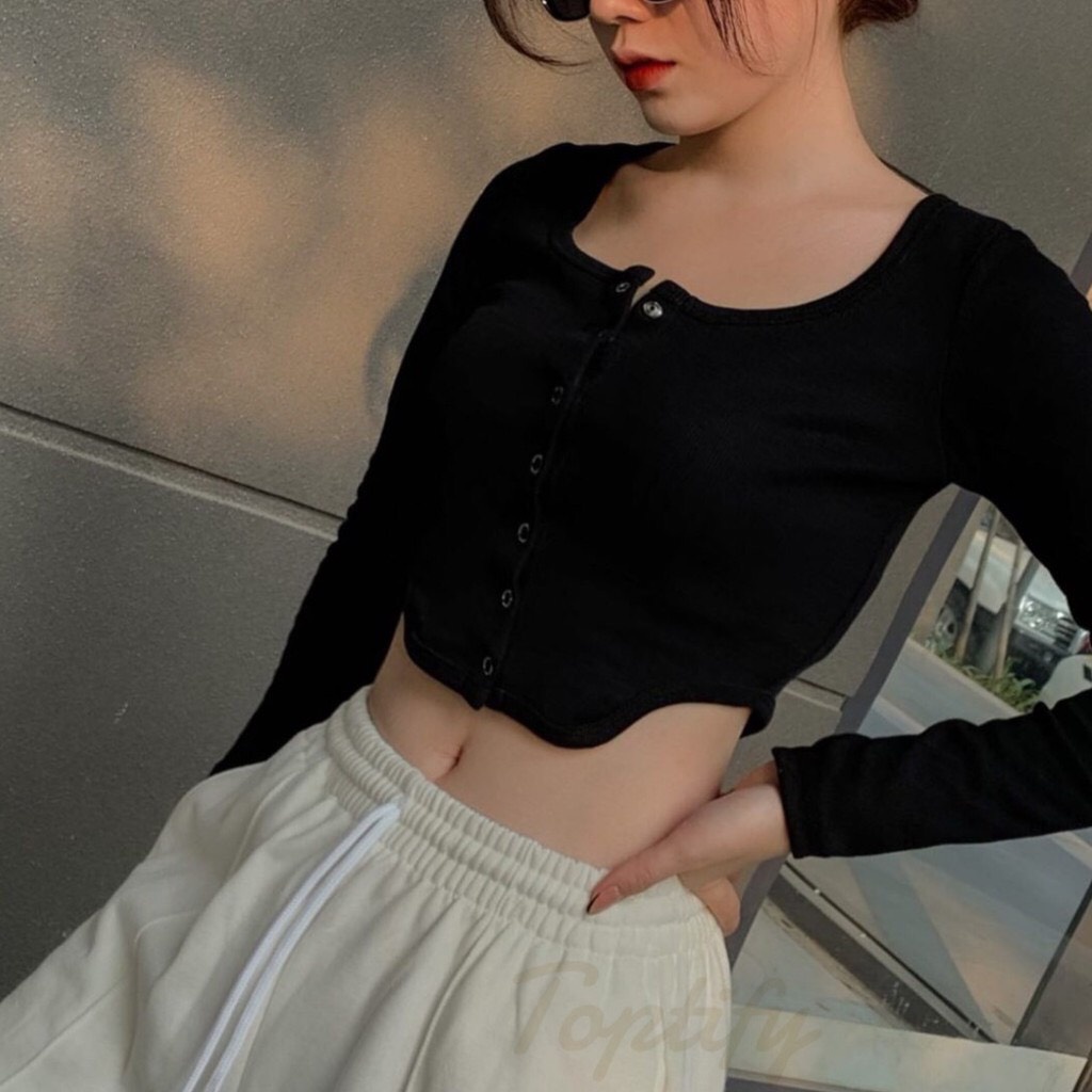 Áo croptop tay dài nút bấm khoét eo, áo crt ôm body khoe eo co giãn tốt