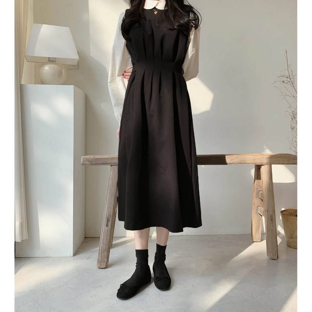 32523 Bộ Áo Sơ Mi Dài Tay Cổ Búp Bê + Đầm Yếm Trơn Màu Xinh Xắn Dành Cho Nữ