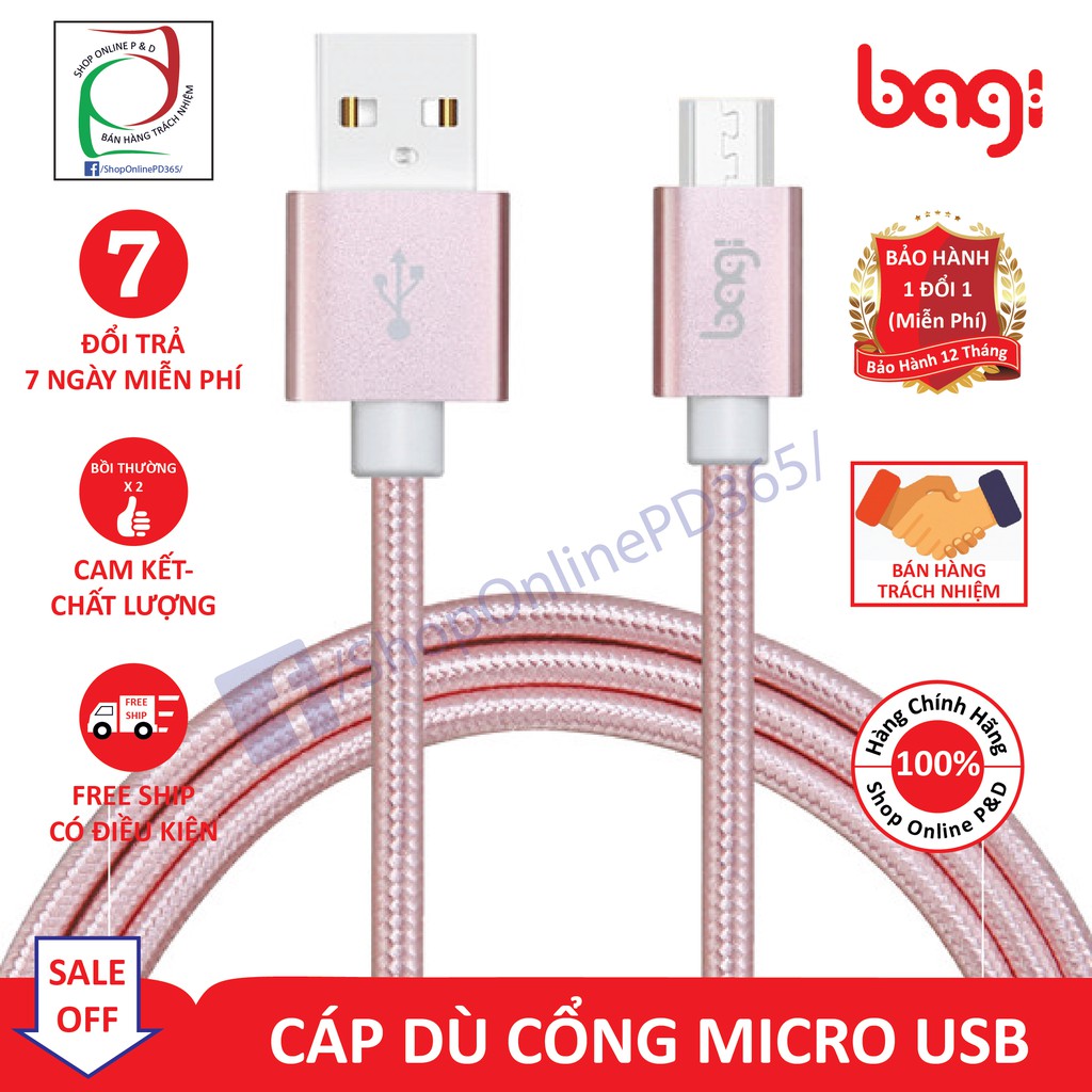 |P&D SALE| CÁP DÙ BAGI SẠC NHANH MICRO USB SIÊU BỀN (MÀU HỒNG)