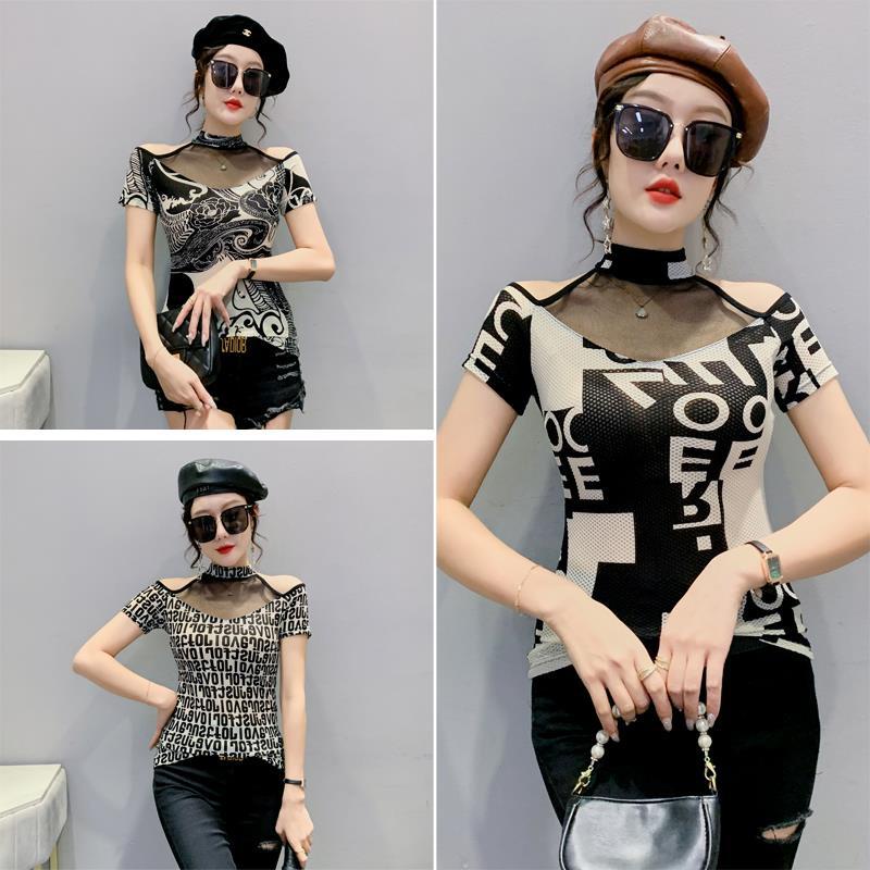 Áo Thun Tay Ngắn Hở Vai Phối Lưới In Chữ Thời Trang Cho Nữ