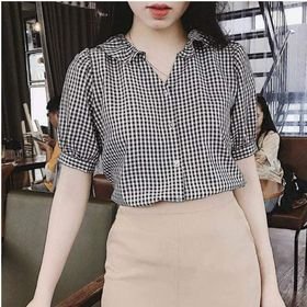 Áo sơ mi Nữ sọc tay ngắn cổ V hoạ tiết kẻ sọc hợp thời trang sơ mi nữ Gloria Shop hai màu ĐEN + ĐỎ
