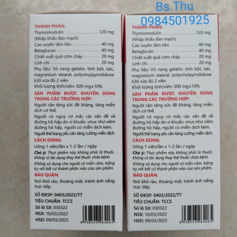 Viên uống Thymo120 với Thymodulin nhập khẩu Đan Mạch và Cao Xuyên Tâm Liên hộp 30 viên hỗ trợ tăng đề kháng đường hô hấp