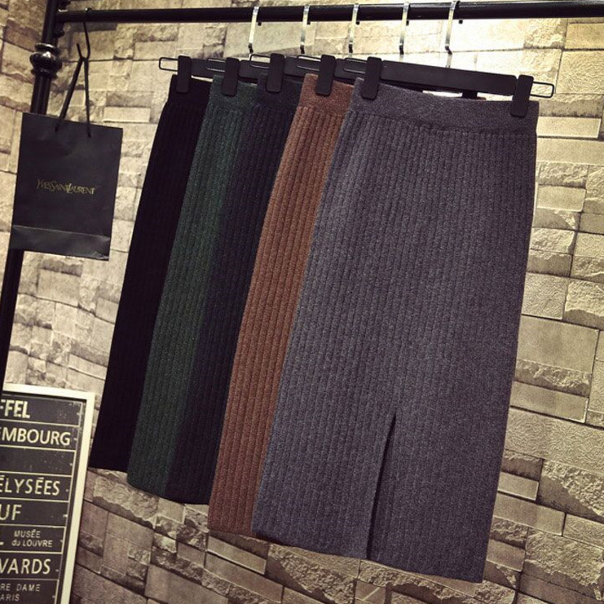 Chân Váy Len Dài Lưng Cao Xẻ Tà Thời Trang Retro Cho Nữ