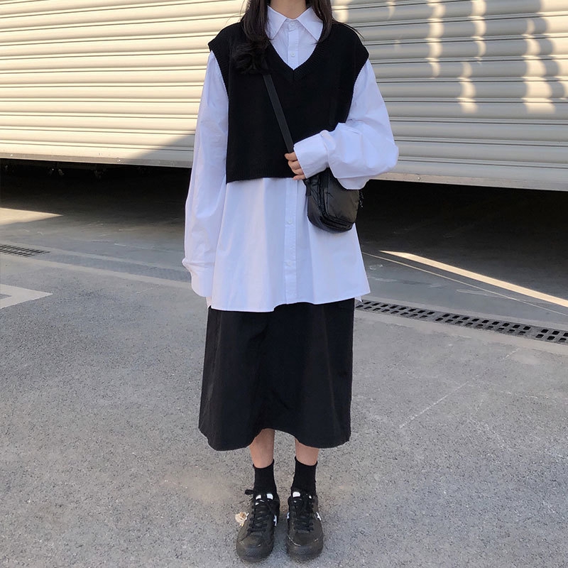 Áo sweater dệt kim sát nách cổ chữ V dáng rộng xẻ tà thời trang dành cho nữ