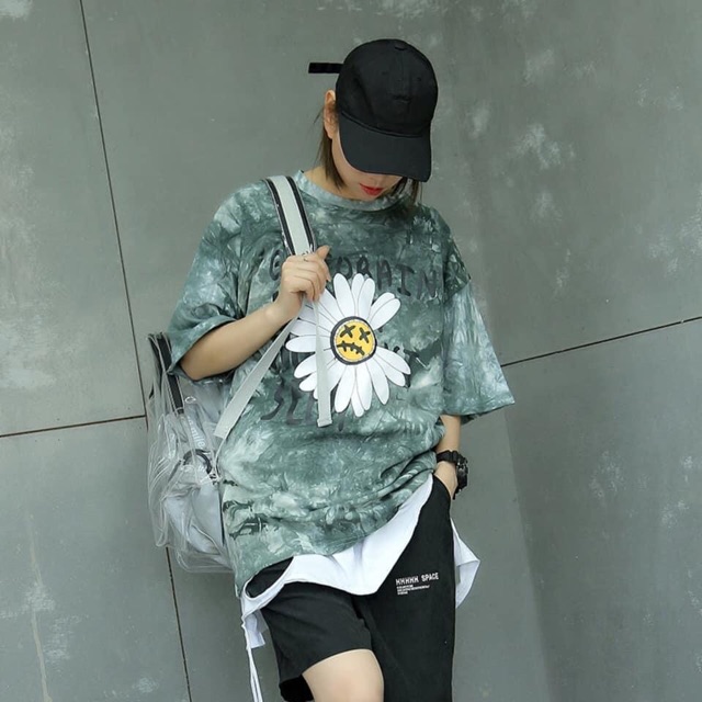 (Ảnh thật) Áo loang 2 màu unisex in hoa cúc trước ngực