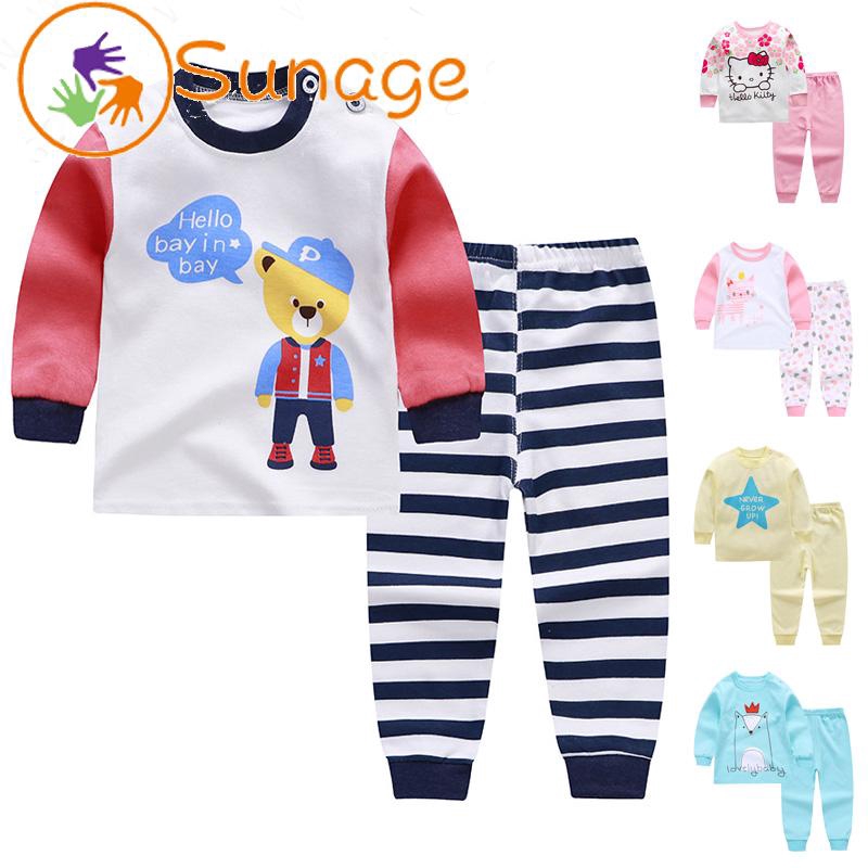 Thời Trang Bộ Đồ Ngủ 2 Món Áo Tay Dài Cổ Tròn + Quần Dài Vải Cotton In Hình Động Vật Dễ Thương Cho Bé Trai