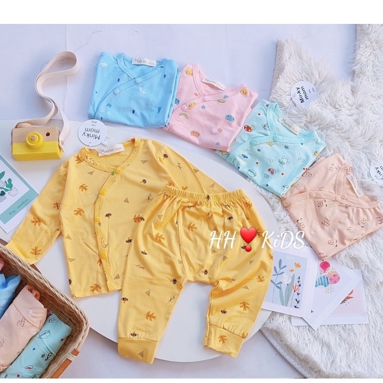 [Bé 4-10kg] Bộ dài tay cài lệch sơ sinh trắng in THUN LẠNH Quần Đắp Đũng 2 bên, Nút Cài Chéo, cho bé trai bé gái