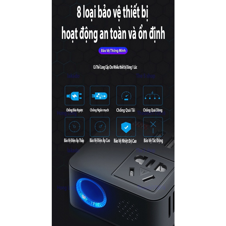 Bộ Chuyển Đổi Điện 60W 12V/24V Sang 110V/220V Cho Xe hơi LAKADO 3 cổng USB có sạc nhanh QC3.0