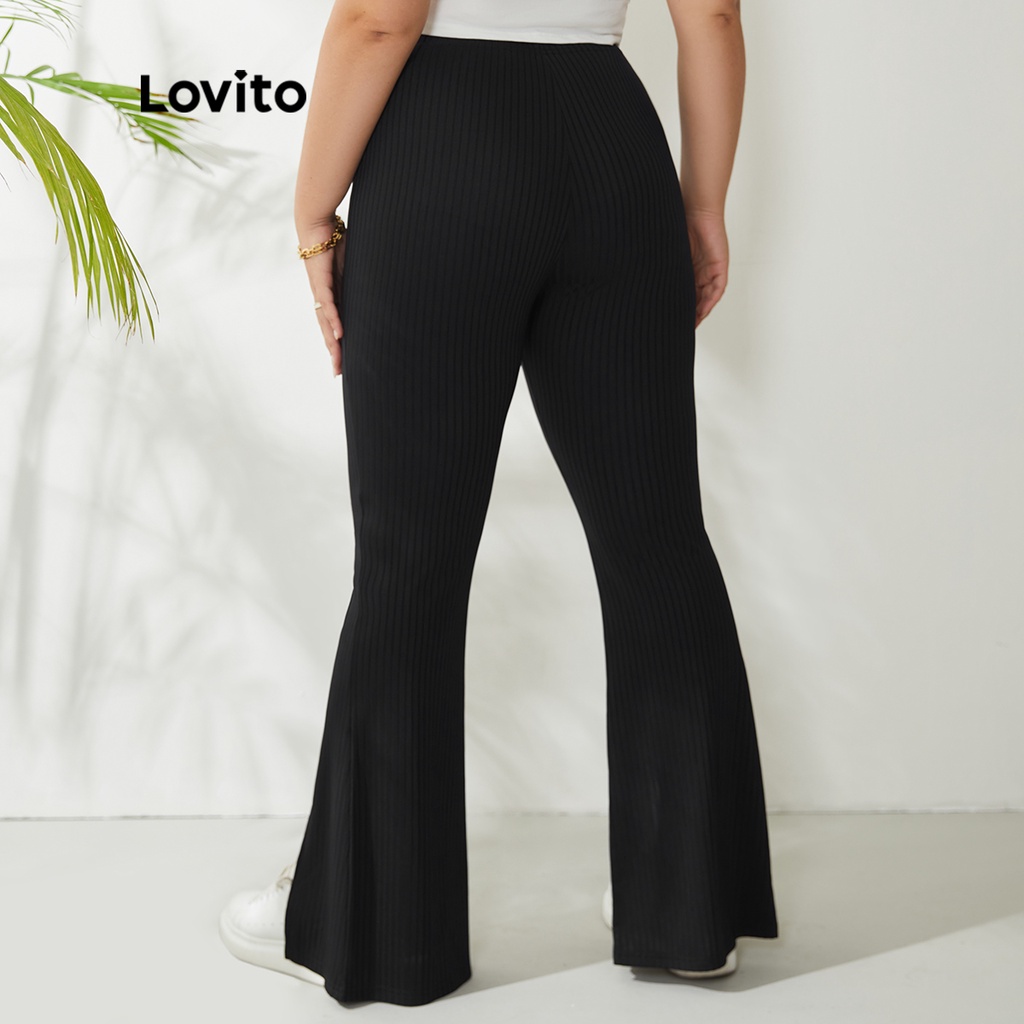 Quần dệt kim nữ Lovito ống loe độ co giãn cao eo thun xẻ tà trước màu trơn thường ngày tôn dáng size lớn LPS01006 (Đen)