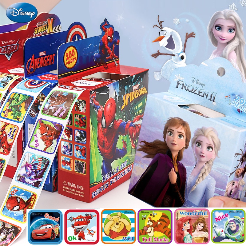 Cuộn 200 Sticker Khen Thưởng Cho Bé - Bộ Sưu Tập Hình Dán Siêu Nhân Spiderman Công Chúa Elsa Bé Cực Thích