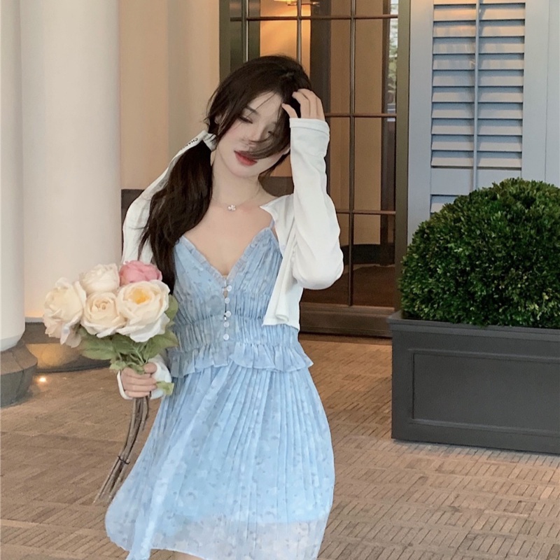 Set đầm hoa hai dây xếp ly + áo khoác cardigan Perty phong cách Hàn Quốc thời trang cao cấp cho nữ