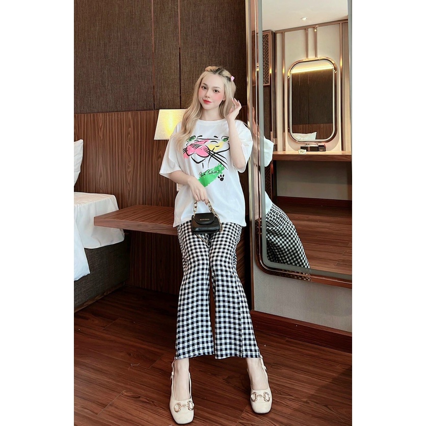 sét bộ quần sọc kate phối áo thun in hình cổ tròn ngắn tay