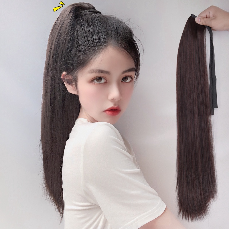 [Hàng mới về] Tóc giả đuôi ngựa siêu dài thẳng có kẹp 4 màu bằng sợi tổng hợp màu đen nâu
