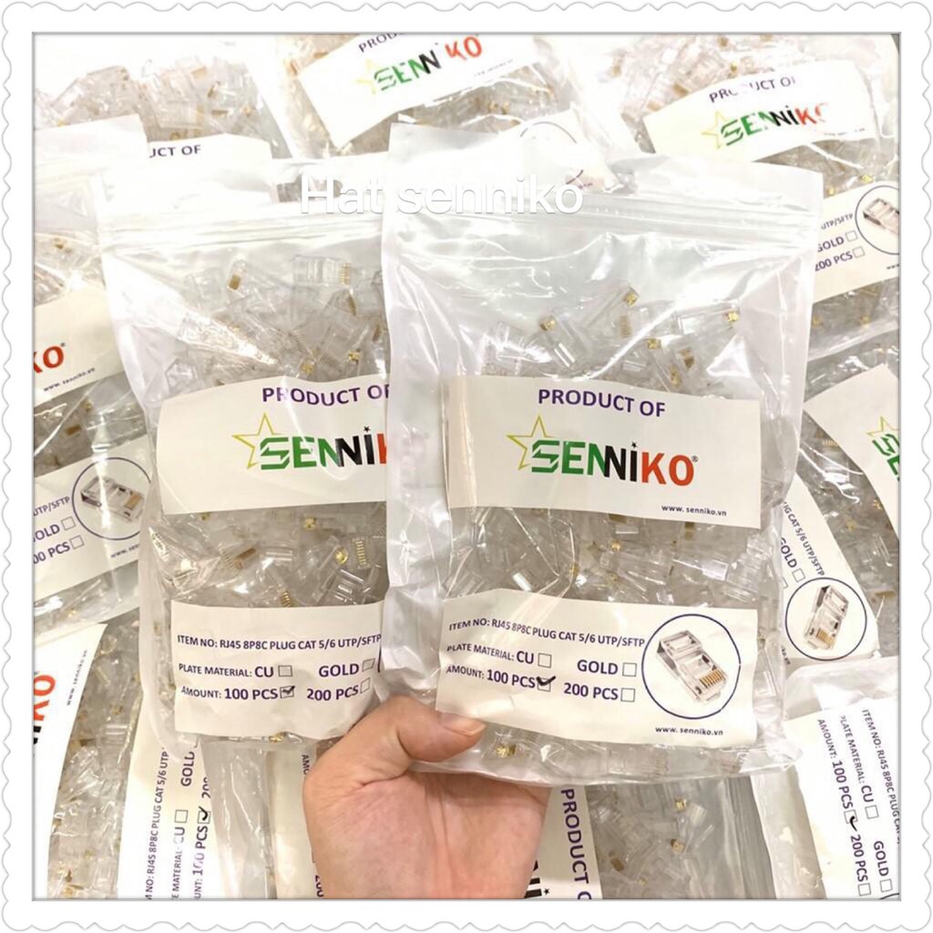 Combo 10 Túi Đầu Bấm Dây Cáp Mạng SENNIKO Chân Đồng Dày Túi 100 Hạt