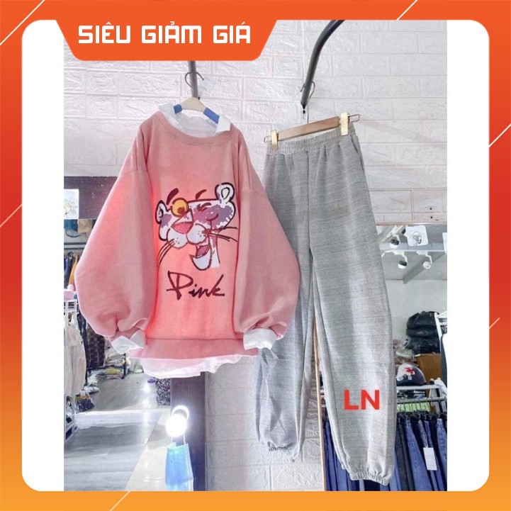 RẺ VÔ ĐỊCH Sét áo nỉ mèo pink +quần bom xám LN11