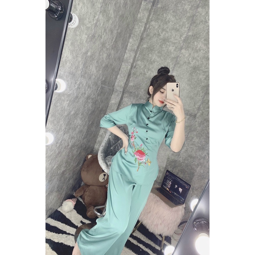 Đồ Lam Đi Chùa #Mẫu Hoa Xuân Lụa Satin# Quần Áo Nữ