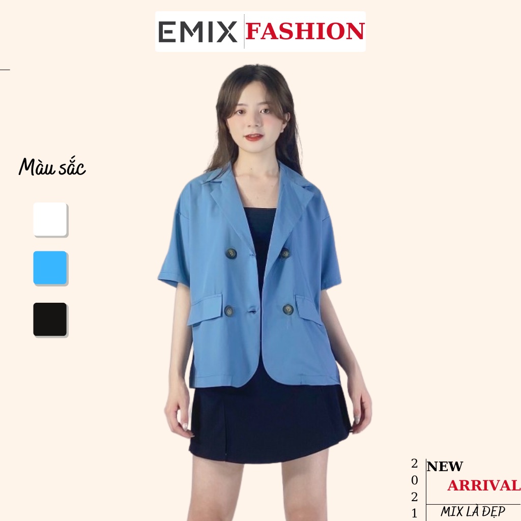 Áo khoác cổ vest EMIX (màu xanh), blazer, không có túi, cộc tay, form rộng, dáng dài, chất trượt hàn mềm mịn