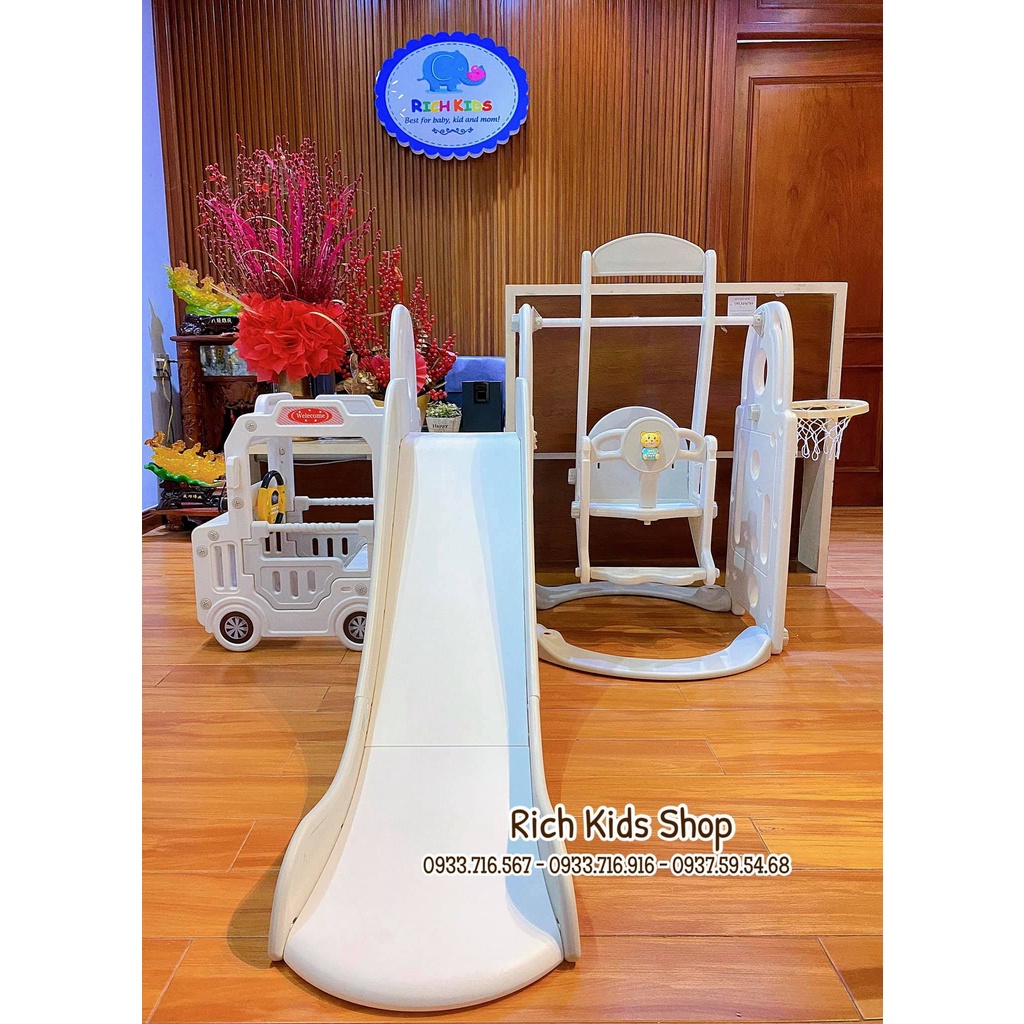 Cầu trượt xích đu BUS cho bé, nhà ô tô có đèn nhạc vô lăng BABYCOSI xịn xò đẹp lắm