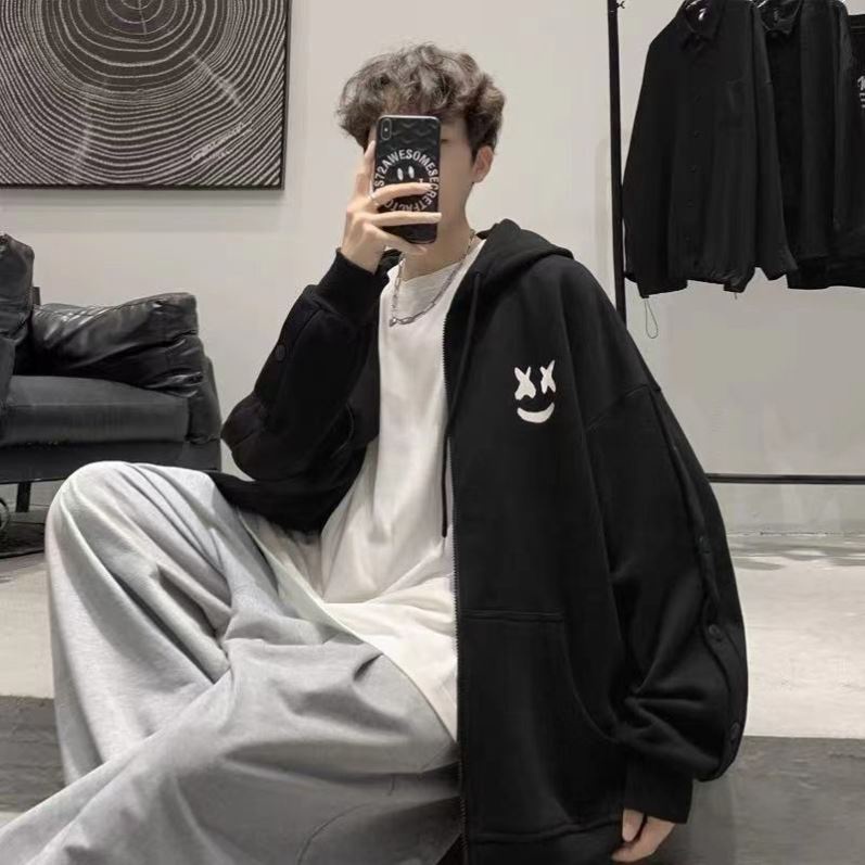 Áo khoác hoodie tay dài dáng rộng in hình mặt cười phong cách Hong Kong thời trang xuân thu cho nam
