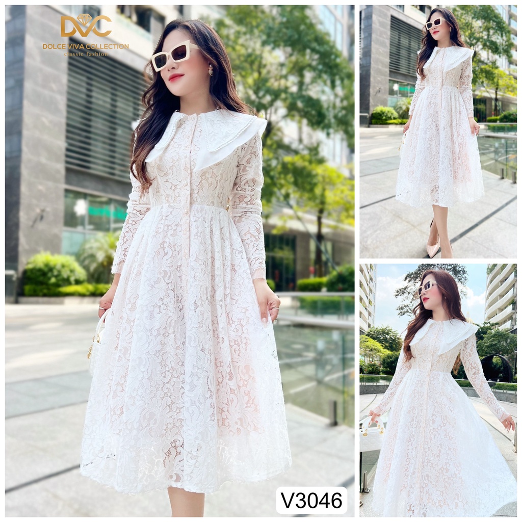 Váy ren trắng dài tay cổ lá dáng xoè tiểu thư sang chảnh đi tiệc đi chơi V3046- DVC