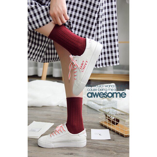 Set 5 đôi tất cổ cao Bivota vớ nữ Hàn Quốc cotton len gân vintage T62