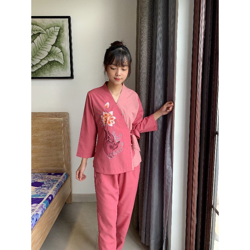 đồ bộ đi chùa.đồ bộ nữ mẫu chéo nhật nơ vẽ sen