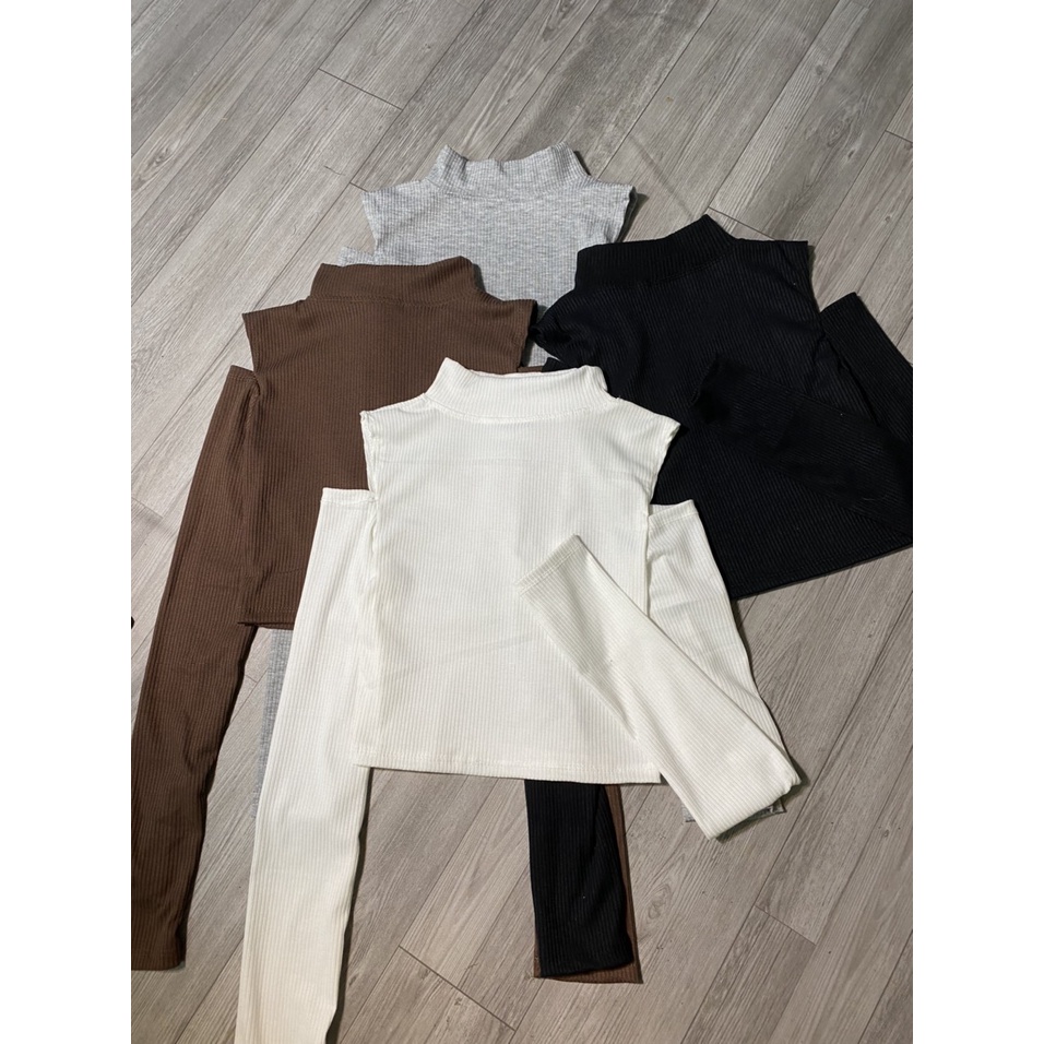 Áo croptop nữ hở vai tay dài 4 màu chất thun gân-ringu shop