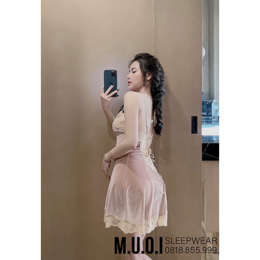 Váy ngủ 2 dây lụa nhung cao cấp đầm ngủ dễ thương mặc nhà gợi cảm quyến rũ Sx 185  - Muối Sleepwear