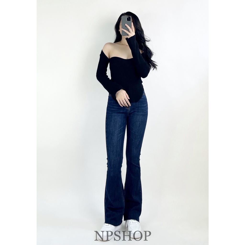 Quần jean nữ ống loe NPSHOP lưng cao trơn dài cắt lai, quần bò ống bass cạp cao dài sang chảnh JNIK007