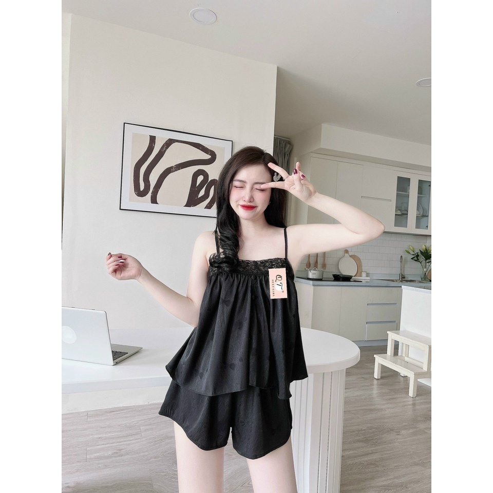 Đồ ngủ sexy, đồ ngủ 2 dây mặc nhà vải GẤM nút bọc