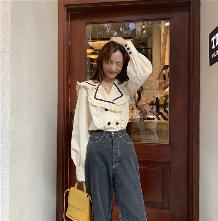 Áo kiểu tay dài cổ búp bê màu trơn đơn giản thời trang phong cách Hàn Quốc dành cho nữ