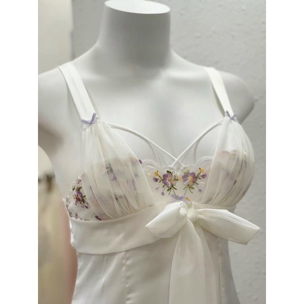 váy ngủ sexy lụa cao cấp Quảng Châu trắng phối ren 018